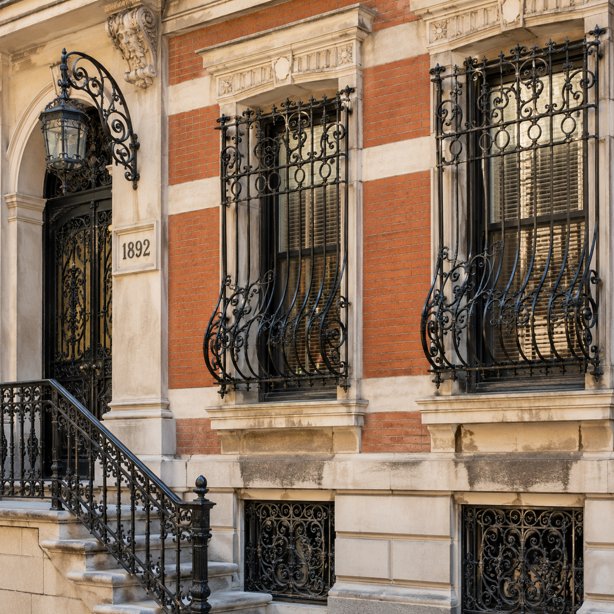 Intricate black wrought iron window grilles, lantern, and staircase railings on a historic red brick and stone building with the address number 1892.
