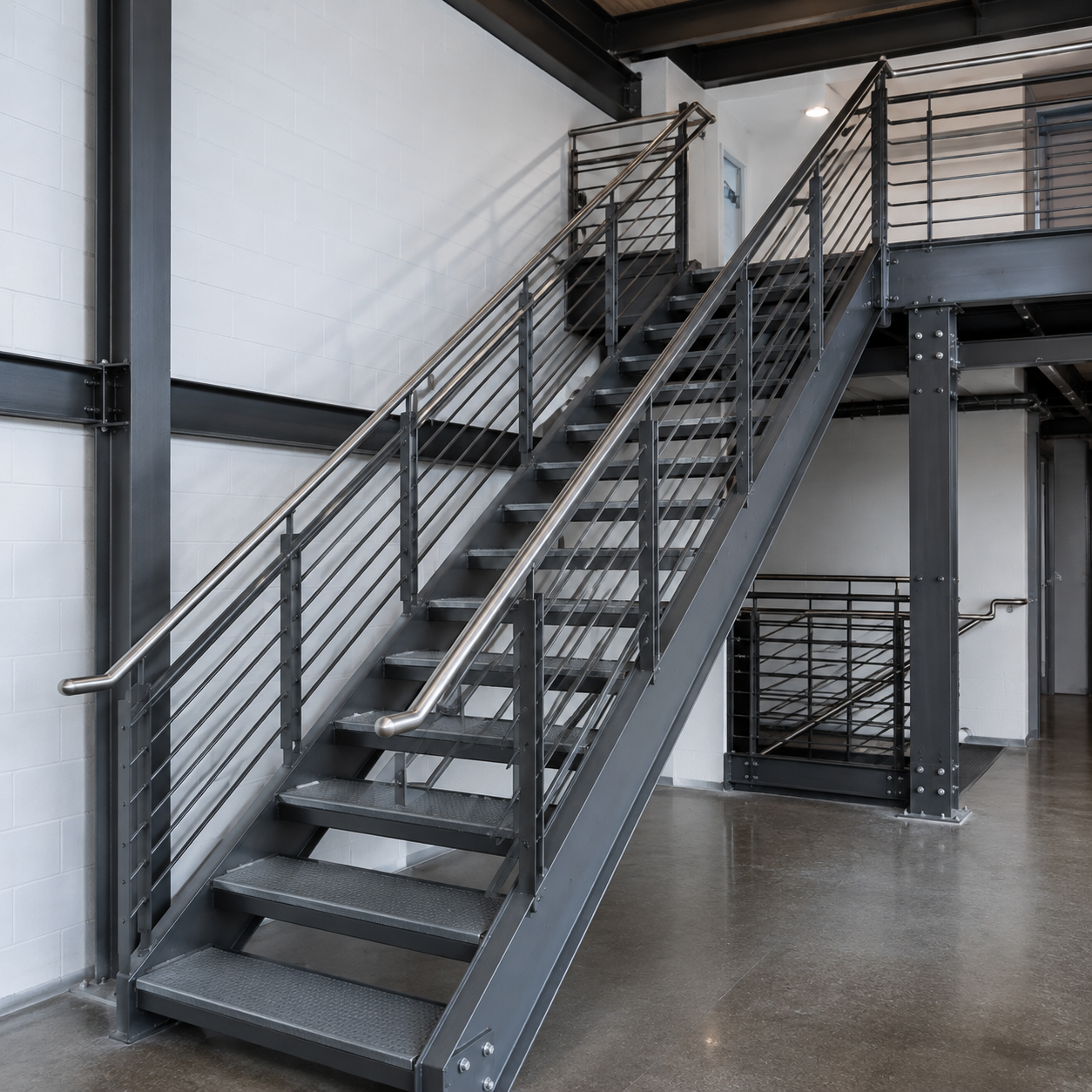 Modern industrial steel staircase with metal tread steps, cable wire railings, and stainless steel handrails inside a building with concrete floors.